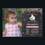 Ice Skating Birthday Party Pink Skate Photo Invitation<br><div class="desc">Ice Skating Birthday Party Pink Skate Invitation with custom photo. Girl Birthday. Pink and Gold Glitter Snowflake. Winter Christmas Holiday. Chalkboard Background. Black and White. 1st 2nd 3rd 4th 5th 6th 7th 8th 9th 10th 11th 12th 13th 14th 15th, any age. For further customization, please click the "Customize it" button...</div>