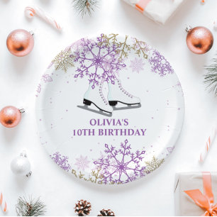 Ice Skating Birthday Purple and Gold Snowflake Paper Plate