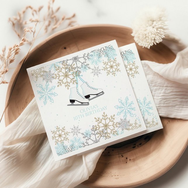 Ice Skating Blue Silver Gold Snowflakes Birthday Napkin (Creator Uploaded)