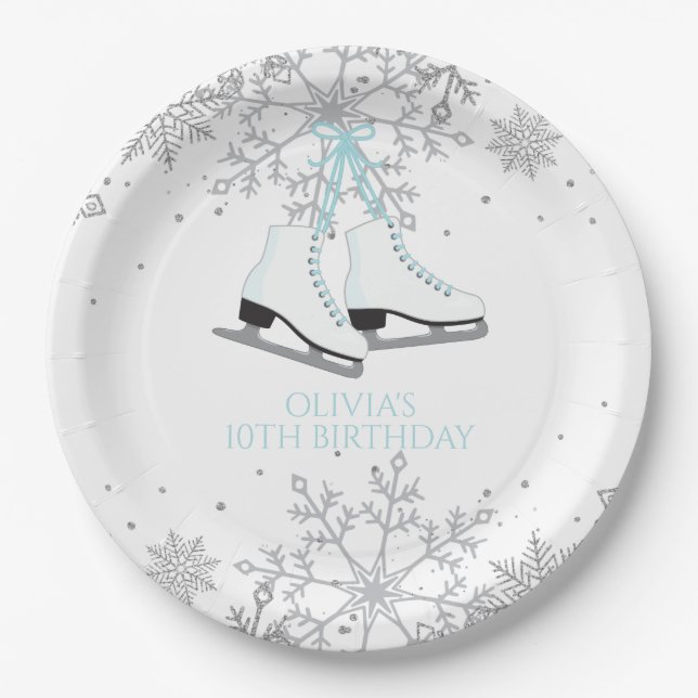 Ice Skating Blue Silver Gold Snowflakes Birthday P Paper Plate (Front)