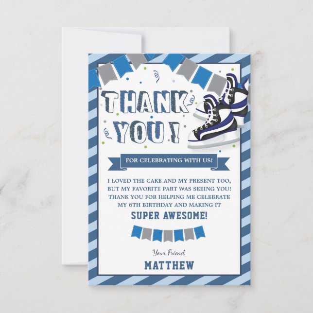 Ice Skating Boy Birthday Party Blue Stripes Thank You Card (Front)