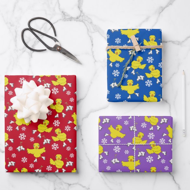 Ice Skating Chick Snowflake Pattern Wrapping Paper Sheet (Front)