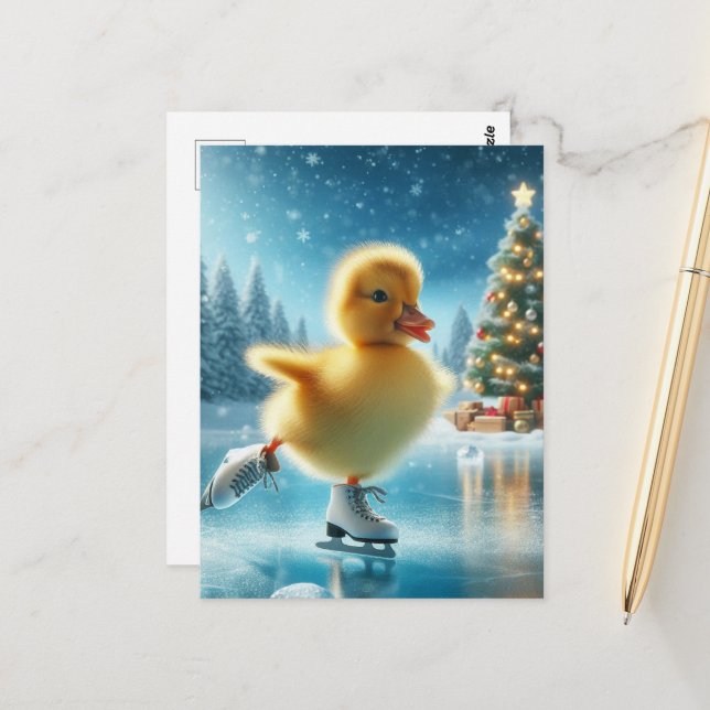 Ice Skating Christmas Duckling Postcard (Front/Back In Situ)