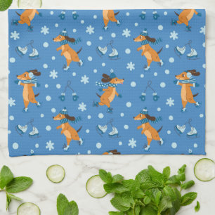 Ice Skating Dogs Pattern Kitchen Towel