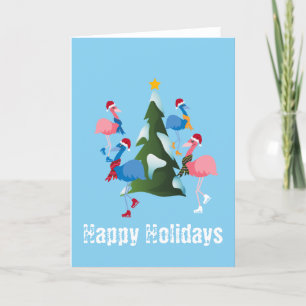 Ice Skating Flamingos and Christmas Tree Christmas Holiday Card
