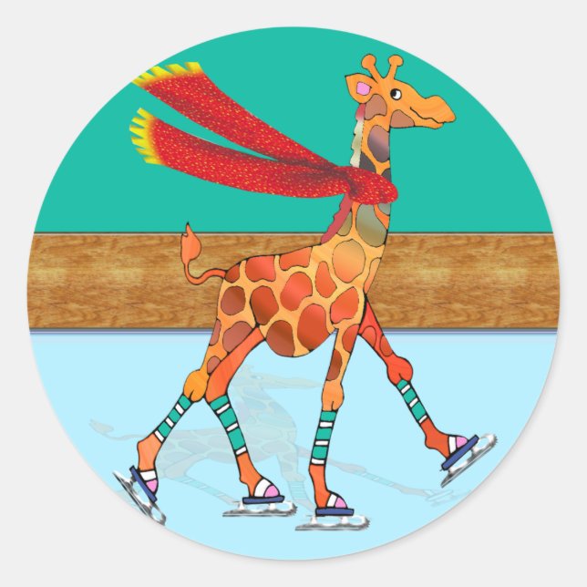 Ice Skating Giraffe with Scarf at the Rink Classic Round Sticker (Front)