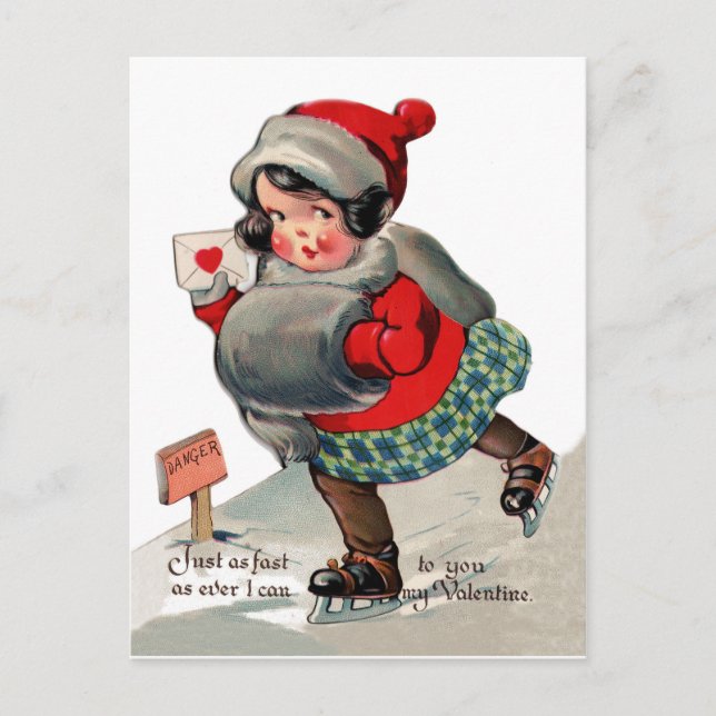 Ice skating girl with love letter. St. Valentine's Postcard (Front)