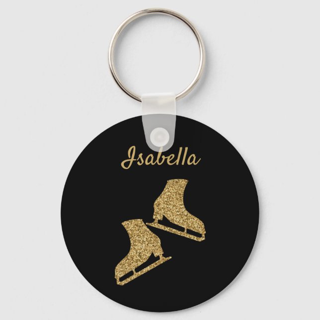 Ice skating keychain ice skates gold glitter (Front)