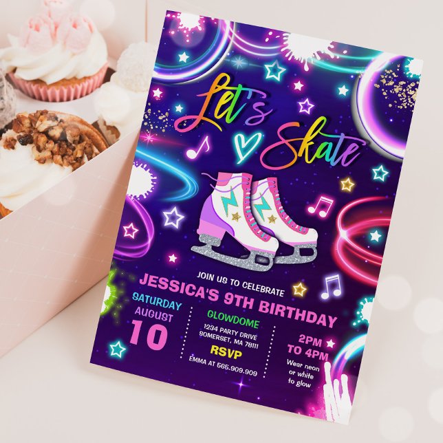 Ice Skating Neon Glow Birthday Party  Invitation (Creator Uploaded)