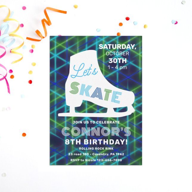 Ice Skating Neon Glow Boys Birthday Party  Invitation (Creator Uploaded)