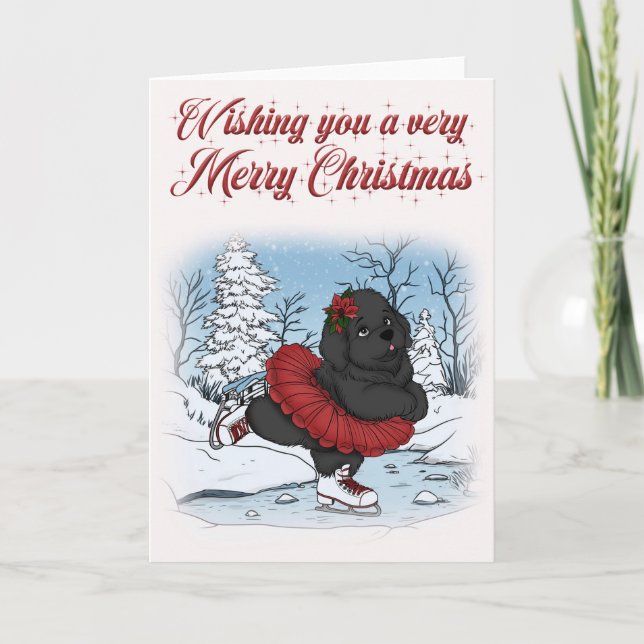 Ice Skating Newfoundland Dog Merry Christmas V2 Holiday Card (Front)