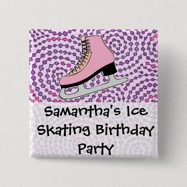 Ice Skating Party, Pink Skate 2 Inch Square Button (Front)