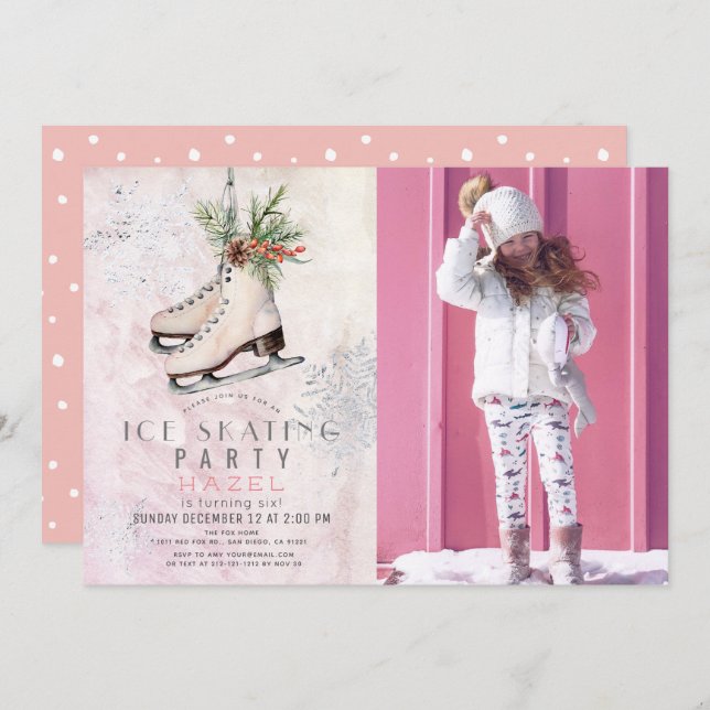 Ice Skating Party Snowflake Pink Birthday Photo Invitation (Front/Back)