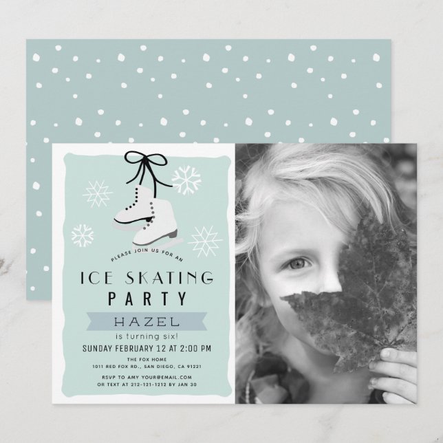 Ice Skating Party Winter Blue Retro Birthday Invitation (Front/Back)
