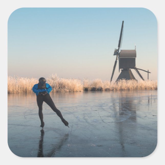 Ice skating past windmill and reeds sticker (Front)