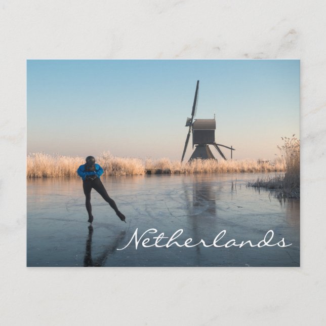 Ice skating past windmill and reeds text postcard (Front)
