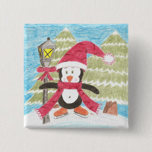 Ice skating penguin 2 inch square button