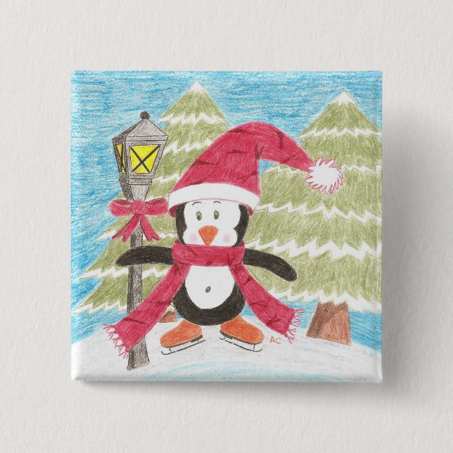 Ice skating penguin 2 inch square button (Front)