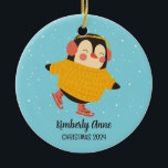 Ice Skating Penguin Christmas Snowy Winter Holiday Ceramic Ornament<br><div class="desc">Cute cartoon animal ornament for kids and children. Perfect for first Christmas celebration with family. You can customize the text for any occasion.</div>