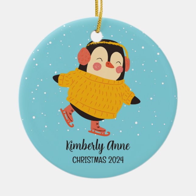 Ice Skating Penguin Christmas Snowy Winter Holiday Ceramic Ornament (Front)