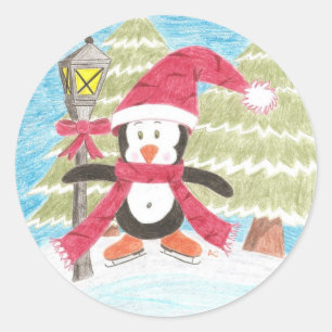 Ice skating penguin classic round sticker