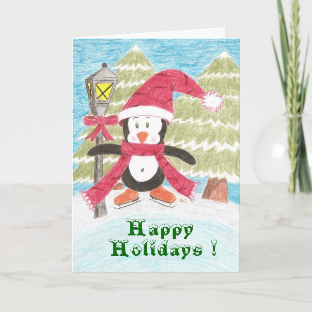 Ice skating penguin holiday card (Front)