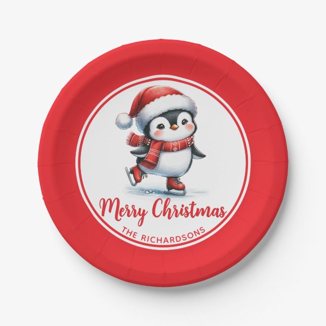 Ice Skating Penguin White Red Merry Christmas Paper Plate (Front)