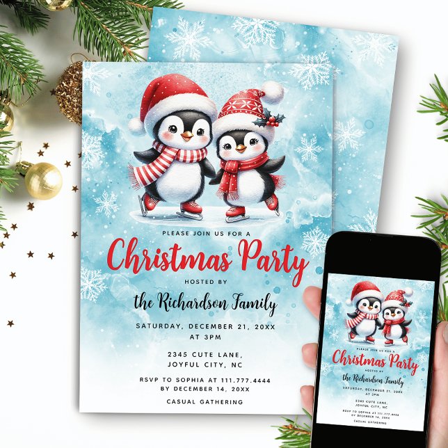 Ice Skating Penguins Blue Festive Christmas Party Invitation (Creator Uploaded)