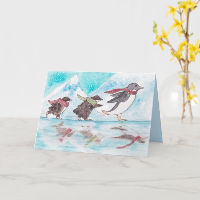 Ice Skating Penguins Holiday Card (Yellow Flower)