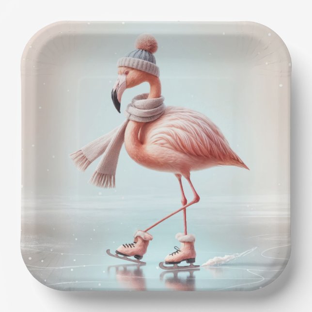 Ice Skating Pink Flamingo Paper Plate (Front)