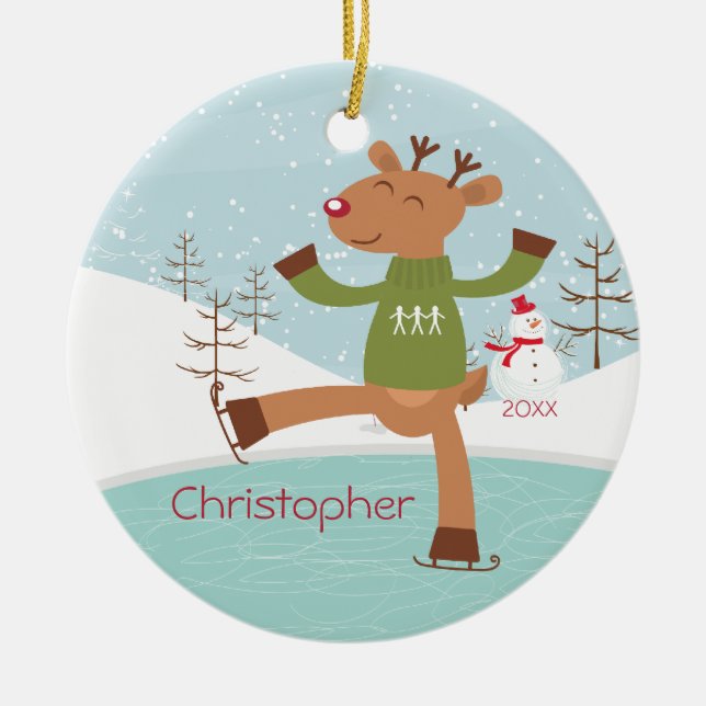 Ice Skating Reindeer Dated Christmas Ornament (Front)