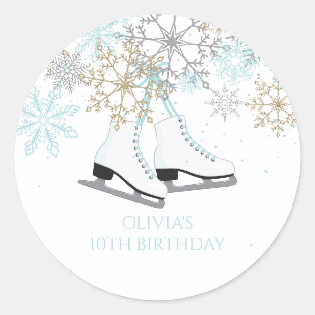 Ice Skating Snowflakes blue and gold Classic Round Sticker (Front)