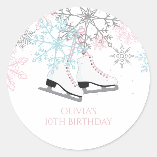 Ice Skating Snowflakes Pink blue silver glitter Classic Round Sticker (Front)