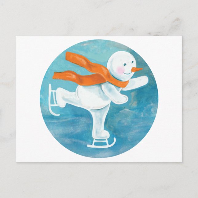 Ice Skating Snowman   Holiday Postcard (Front)