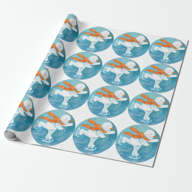 Ice Skating Snowman  Wrapping Paper (Unrolled)