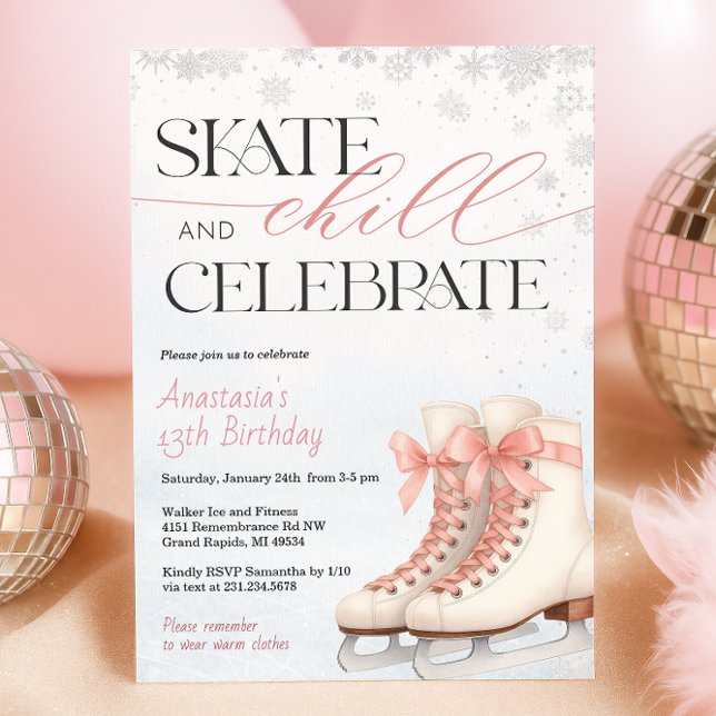 Ice Skating Teen Birthday Invitation - Pink Bow (Ice Skating Teen Birthday Invitation - Pink Bow )