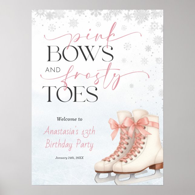 Ice Skating Teen Birthday Welcome Sign - Pink Bow (Front)