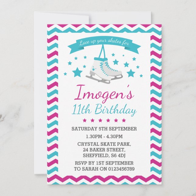Ice skating themed birthday party invitation (Front)