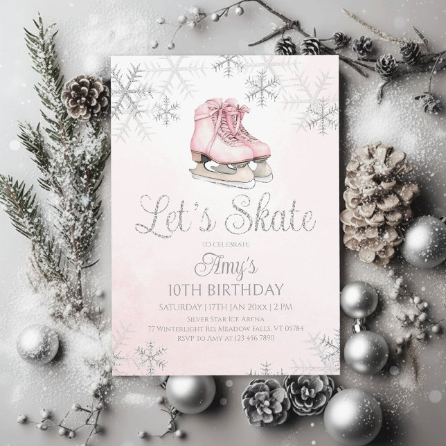 Ice Skating Winter Birthday Party Silver Glitter Invitation (Creator Uploaded)