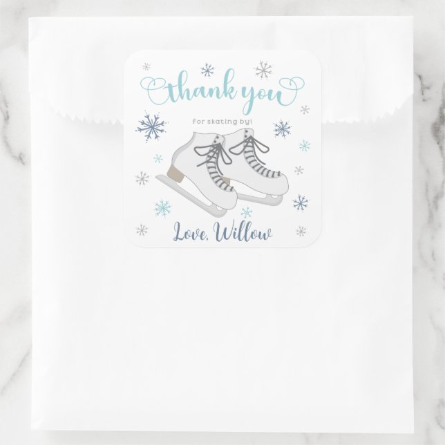 Ice Skating Winter, Blue Birthday Thank You Favour Square Sticker (Bag)