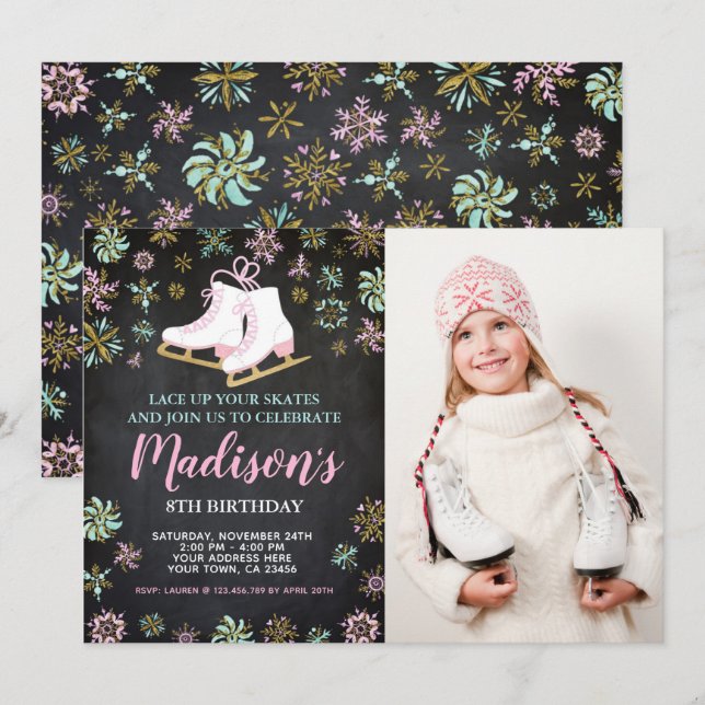 Ice Skating, Winter wonderland with photo Invitation (Front/Back)