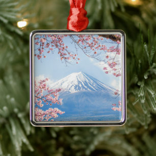 Ice & Snow Cherry Blossoms Mt. Fuji Japan Metal Ornament
