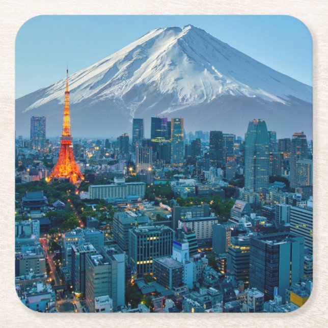 Ice & Snow | Mt. Fuji & Tokyo Skyline Square Paper Coaster (Front)