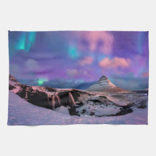 Ice & Snow Northern Lights, Kirkjufell Mountain Kitchen Towel