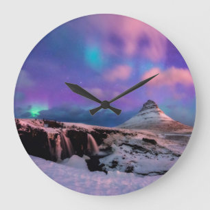 Ice & Snow Northern Lights, Kirkjufell Mountain Large Clock