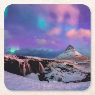Ice & Snow   Northern Lights,  Kirkjufell Mountain Square Paper Coaster