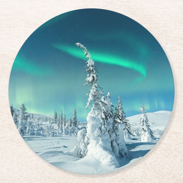 Ice & Snow | Northern Lights, Lapland, Finland Round Paper Coaster (Front)