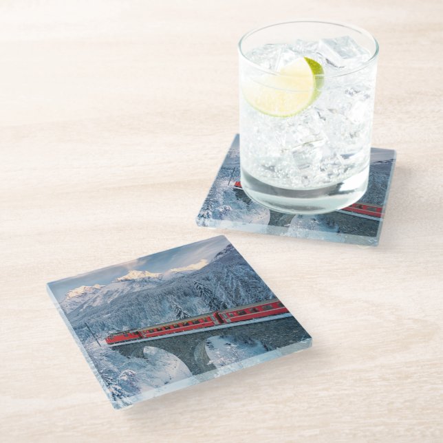 Ice & Snow | Red Bernina Express Train Switzerland Glass Coaster (Angled)