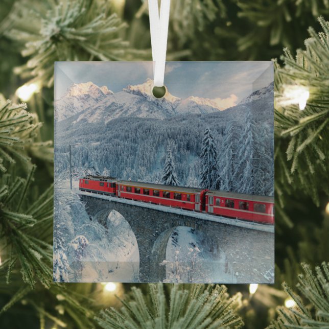 Ice & Snow | Red Bernina Express Train Switzerland Glass Ornament (Insitu)