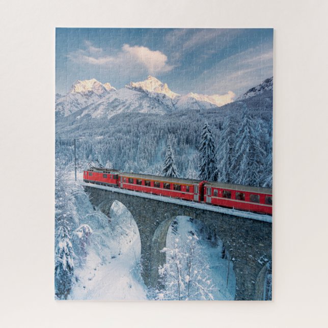 Ice & Snow | Red Bernina Express Train Switzerland Jigsaw Puzzle (Vertical)